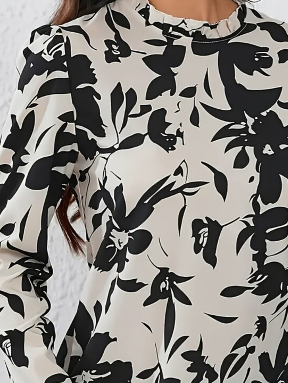 Black & White Floral Mock-Neck Women's Blouse